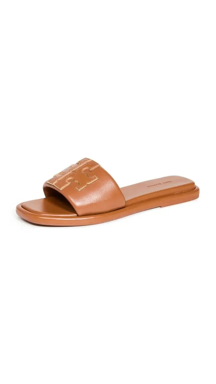 TORY BURCH WOMEN'S DOUBLE T SPORT SLIDES, BOURBON MIELE/GOLD, 9.5 MEDIUM US